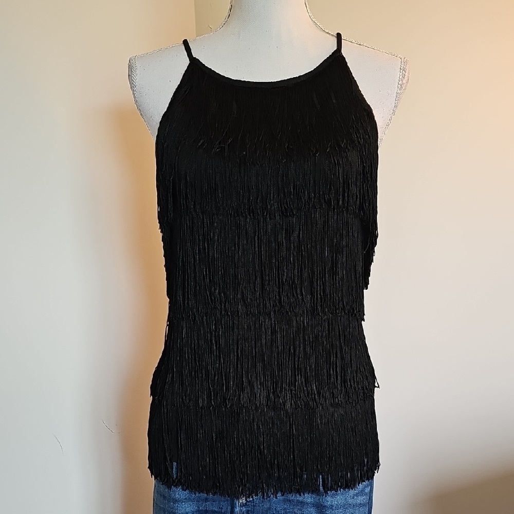 WHBM Black Fringe Women's Top